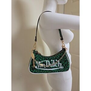 Von Dutch Green Leopard Print Baguette Shoulder Bag Y2K Streetwear Logo Purse